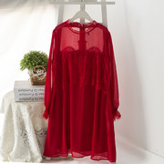 外贸原单中国红双层雪纺，花边半高领长袖连衣裙，胖mm加大码女装