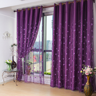 欧式紫色遮光布窗帘(布窗帘，)高档绣花窗纱帘，卧室客厅成品定制田园