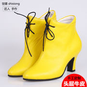 欧美风英伦女士鞋子柠檬，黄色牛皮系带靴，及踝短靴秋冬单靴
