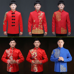男士唐装上衣大码修身中式主持人礼服中国风红色中山装拜年演出服