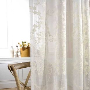 高档白色绣花棉麻窗纱，欧式卧室成品亚麻刺绣，窗帘布料定制棉麻纱帘