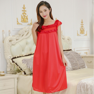 大红色圆领短袖睡衣女士宽松加肥中长款连衣裙蕾丝裙夏季睡裙性感
