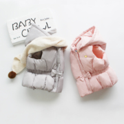 宝宝女婴儿童装棉马甲棉服背心蝴蝶结纯色帽可拆卸粉色灰色超柔软
