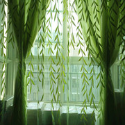 绿色柳叶胶印纱帘窗纱客厅，餐厅阳台成品遮光窗帘布料不可洗