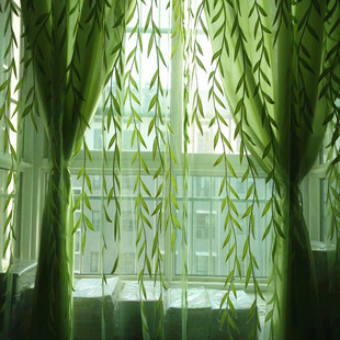 绿色柳叶胶印纱帘窗纱客厅餐厅阳台成品遮光窗帘布料不可洗