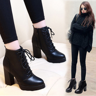 2024秋冬季加绒女靴子，韩版系带马丁裸靴10cm超高跟鞋真皮粗跟短靴