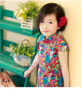 春夏款女童宝宝儿童旗袍亲子母女旗袍唐装中国风红色印花连衣裙