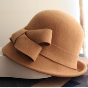秋冬季大蝴蝶结纯羊毛呢立体帽子，女士圆顶复古英伦小礼帽卷边毡帽