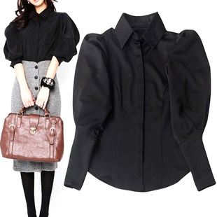 复古泡泡袖黑色衬衫女缎面灯笼羊腿袖韩国气质OL通勤上衣洋气设计