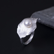 韩版复古风s925纯银食指戒指环女天然珍珠树叶子活口冷淡风手饰品