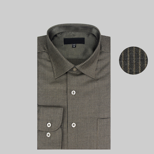 秋冬灰色纯羊毛精纺保暖长袖衬衫男士中年商务条纹正装衬衣