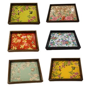 纯手绘瓷器茶盘长方形花鸟系列，托盘茶托收纳盘，实木家用茶具茶盘垫