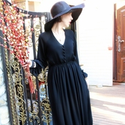 秋季女装欧美黑色v领修身显瘦大码长袖连衣裙，雪纺长裙大摆裙