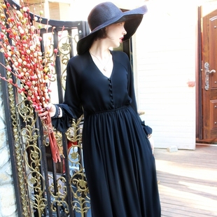 春季女装欧美黑色v领修身显瘦大码长袖连衣裙，雪纺长裙大摆裙