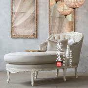 美式乡村布艺贵妃椅仿古白色，做旧贵妃榻，客厅躺椅实木雕花沙发床