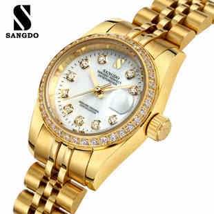 sangdo手表机械女表全自动女士腕表防水钢带镶钻水钻间金色时装表