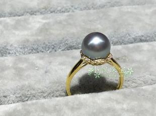 akoya18k小花镶嵌精致美丽金海水珍珠戒指正圆银灰高冷色