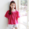 韩国夏装女童短袖t恤中大童一字领纯棉，喇叭袖宽松玫红色吊带上衣
