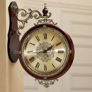 欧式双面客厅挂钟静音两面时钟，实木复古石英，钟表墙壁钟表时尚创意