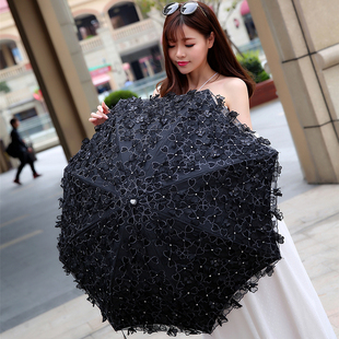 进口遮阳伞二折立体蕾丝刺绣花朵，太阳伞黑胶防紫外线防晒公主伞