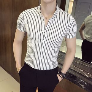 夏季竖条纹短袖衬衫男韩版修身英伦青年商务休闲半袖衬衣潮男寸衫