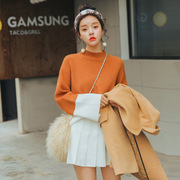 启迪视界 韩国甜美小清新拼色开叉蝙蝠袖半高领套头毛衣女针织衫