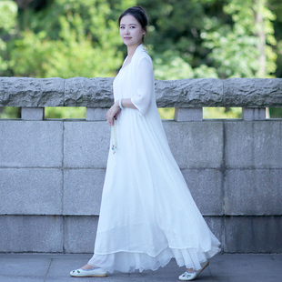 春夏白色棉麻茶服女禅服中国风，女装假两件长裙禅意手绘连衣裙文艺