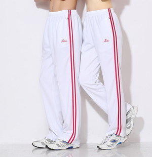 晋冠春夏男女双红条白色运动裤情侣长裤加肥加大体操裤