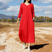 长袖红色棉麻连衣裙女宽松大码气质白色亚麻长裙，复古袍子旅行文艺