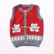 婴儿手毛衣马宝宝开衫背心两只小熊红色图案