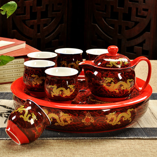 景德镇青花瓷器大茶壶，整套冰裂陶瓷茶盘，双层茶杯茶具套装
