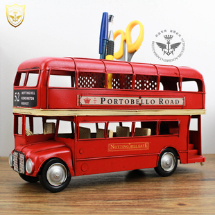 纯手工英国伦敦巴士，模型笔筒112咖啡店，主题餐厅家居书桌摆件