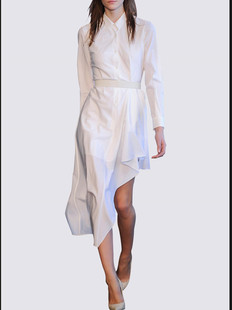 春秋欧美时尚修身气质显瘦不规则白色衬衫连衣裙长袖女中长款