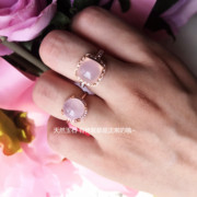 时尚珠宝天然玉石翡翠粉色水晶镀18K玫瑰金仿红朱砂宝石戒指环女
