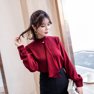 女装2021春装韩版气质珍珠，飘带立领雪纺衫，长袖酒红色衬衫上衣