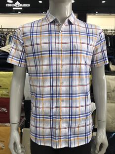 蒙威2018夏季商务休闲时尚，格子印花丝光棉，短袖衬衫男式带口袋