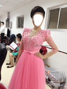 民歌礼服粉红色郝丹丹七分袖独唱歌星演出服甜美网纱长裙