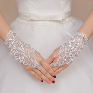 绑带手套短款无指勾露指蕾丝亮片花朵，白红色(白红色)新娘结婚纱敬酒服