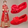 加绒婚鞋圆头新娘结婚鞋兔毛平底平跟红色旗袍单鞋女敬酒保暖红鞋
