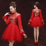 敬酒服2022长袖新娘旗袍，中式红色结婚礼服，女短款演出服蓬蓬裙