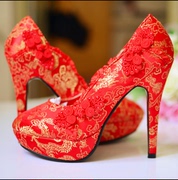 中式婚鞋女中高跟龙凤绣花新娘鞋，秀禾旗袍红色结婚鞋子裙褂礼服鞋