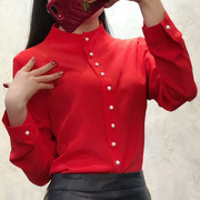 中国红本命年立领长袖衬衫女ol气质，雪纺上衣修身显瘦打底纯色衬衣