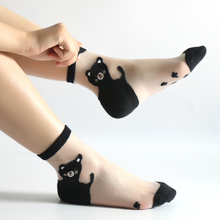 袜子女短丝袜卡通猫咪，超薄款透气网袜防臭玻璃丝袜子女透明水晶袜