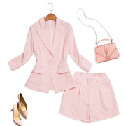 夏装韩版通勤气质粉色套装七分袖小西服外套 显瘦阔腿短裤600
