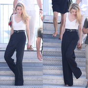 2023夏季Amber Heard同款白色背心针织衫+黑色阔腿裤长裤时尚套装