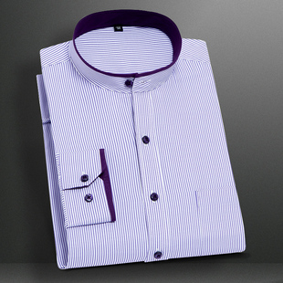 春季立领长袖衬衫男青年，商务休闲紫色，竖条纹衬衣男圆领寸杉中山装