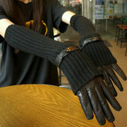 女士冬季加绒羊皮手套真皮羊毛手臂套袖加长保暖假袖子触摸屏手套