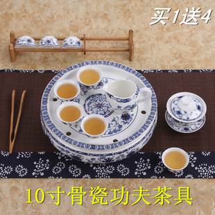 潮汕功夫茶具套装 陶瓷青花瓷骨瓷10寸鼓形茶盘盖碗家用送礼