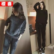 秋冬季加绒金丝绒加厚运动服套装女长袖卫衣哈伦裤情侣两件套大码