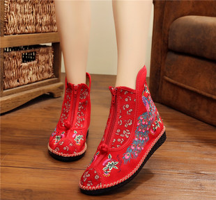 老北京布鞋女红色平底软底，舒适凤凰刺绣新娘鞋，短靴高帮单鞋子(单鞋子)